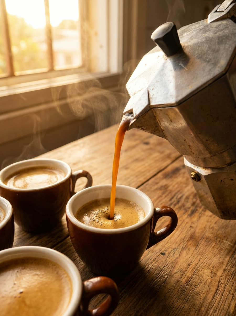 Cuban colada poured from a moka pot into espresso cups
